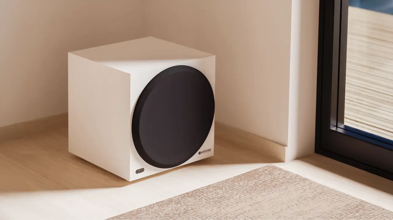 vestra subwoofer Monitor Audio i hvit Lifestyle i stue
